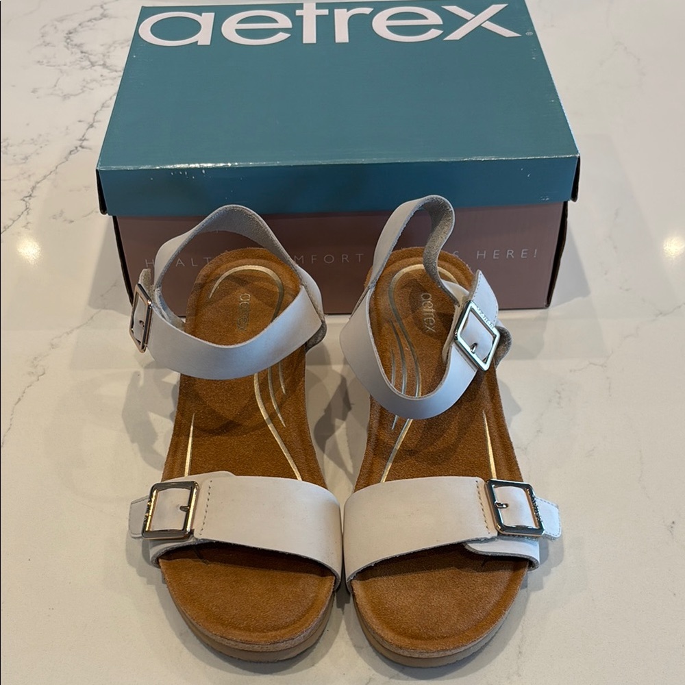 Aetrex Women's Cream Wedge Sandals with Tan Soles